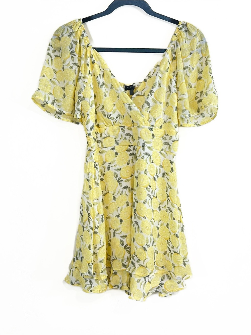 As U Wish Lemon Pattern Flutter Sleeve Summer Mini Dress Yellow Size Small